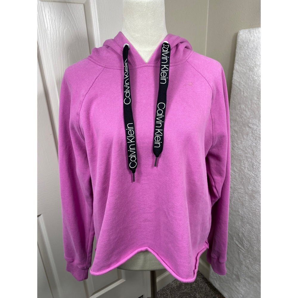 Calvin Klein Hoodie Cropped Raw‎ Hem Drawstring Pullover Sweatshirt L